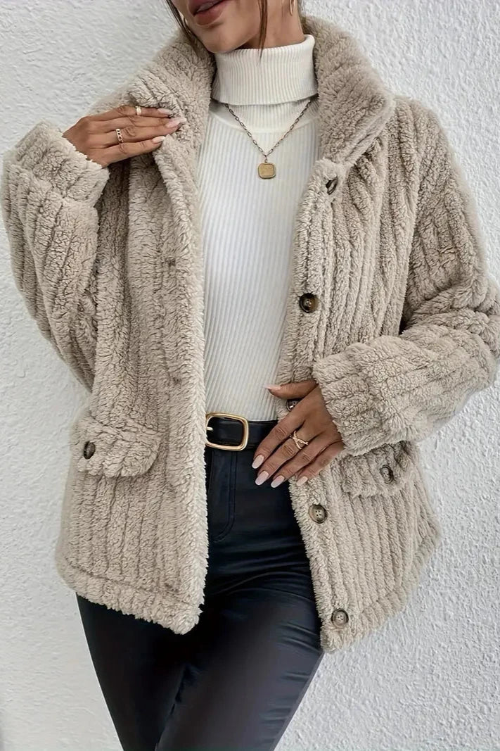 Beige textured velvet button cardigan with notched collar, long sleeves, front buttons