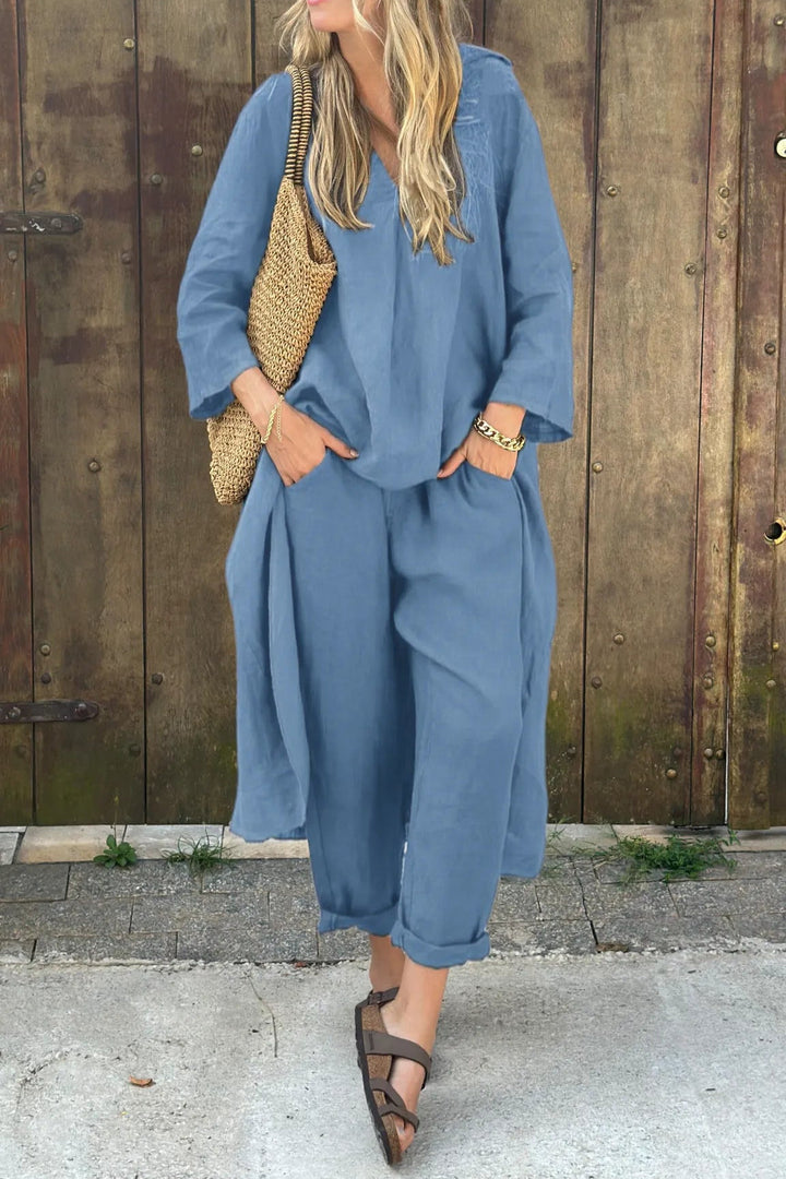 Sky blue two-piece set with V-neck tunic top and relaxed-fit cropped pants