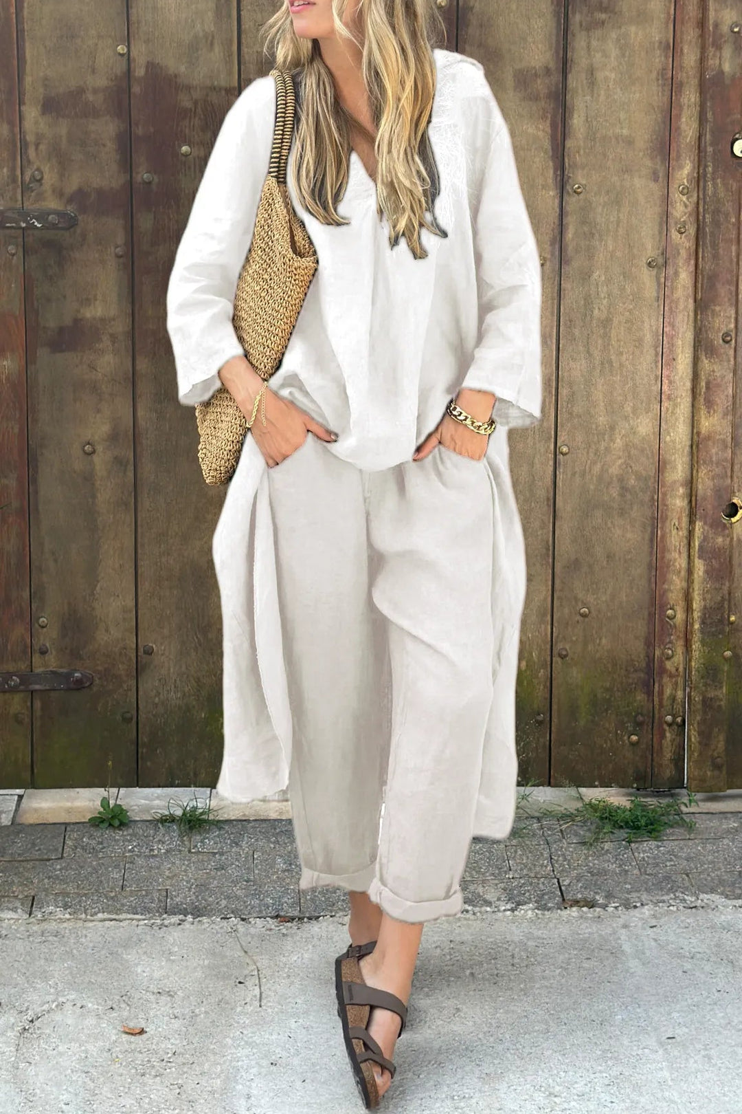 White two-piece set with V-neck tunic top and relaxed-fit cropped pants
