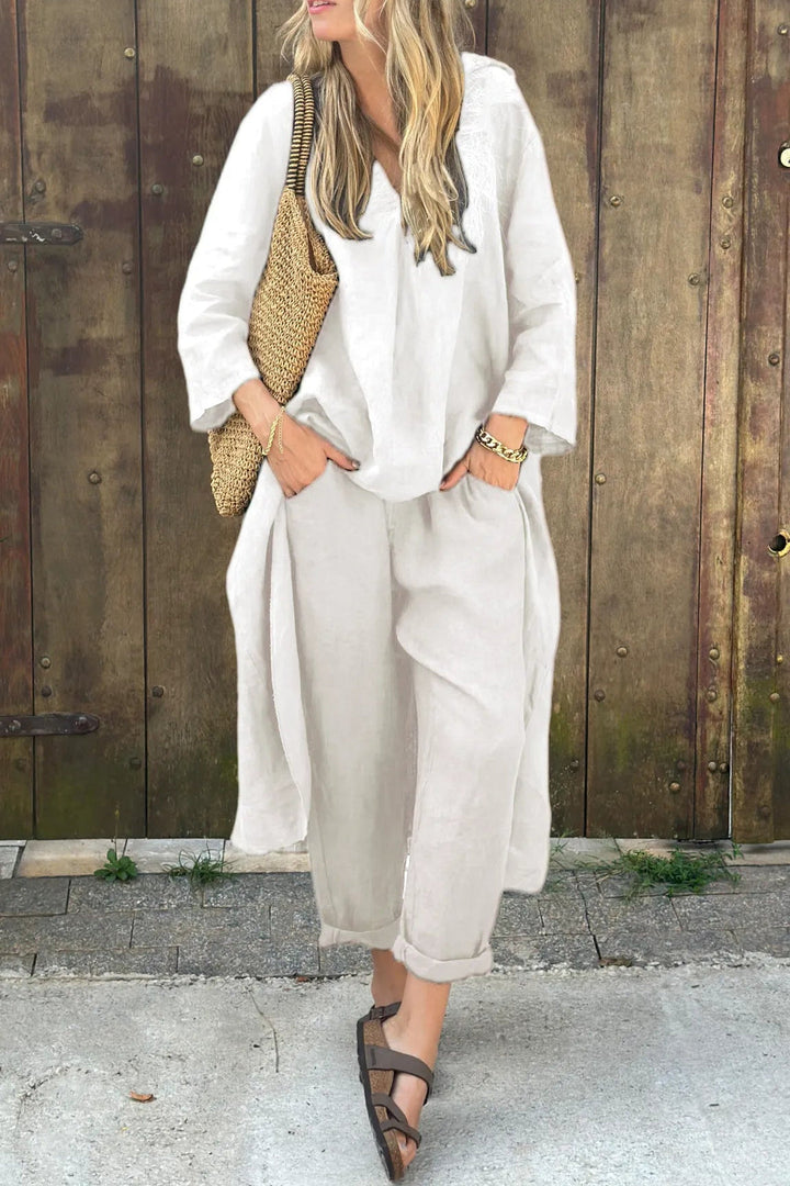 White two-piece set with V-neck tunic top and relaxed-fit cropped pants