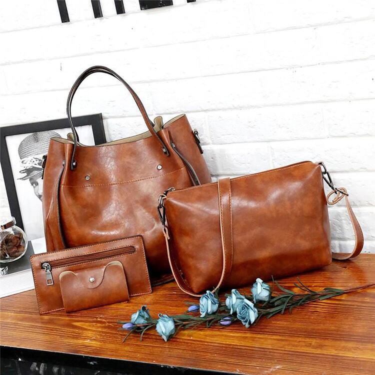 Women’s retro 4-piece bag set in brown: tote, shoulder bag, crossbody, card wallet.
