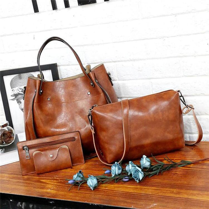 Women’s retro 4-piece bag set in brown: tote, shoulder bag, crossbody, card wallet.