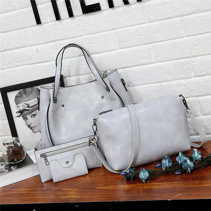 Women’s retro 4-piece bag set in light color: tote, shoulder bag, crossbody, card wallet.