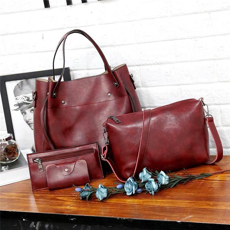 Women’s retro 4-piece bag set in burgundy: tote, shoulder bag, crossbody, card wallet.