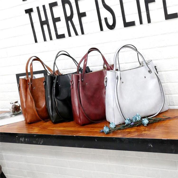 Women’s retro 4-piece bag set showing multiple colors: totes with matching crossbody and wallet.