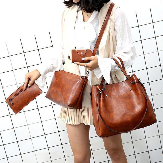 Brown women’s retro 4-piece bag set: tote with handles plus matching wallet and crossbody.
