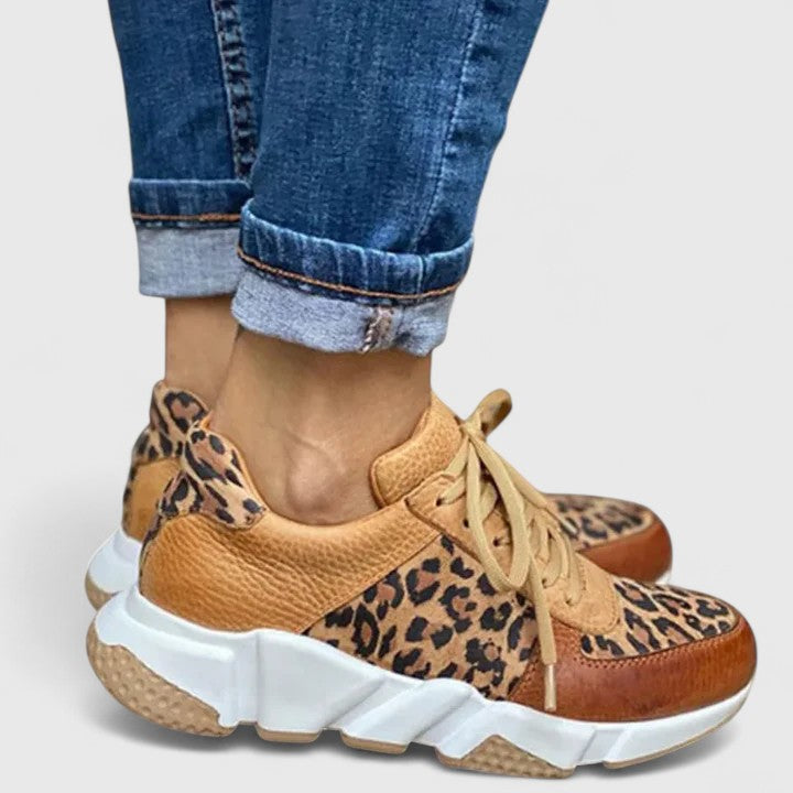 Leopard-print lace-up sneakers, tan upper with brown details and white sole