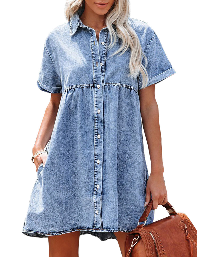 Light blue denim shirt dress with button placket and gathered waist, short sleeves