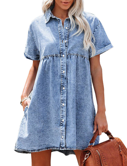 Light blue denim shirt dress with button placket and gathered waist, short sleeves