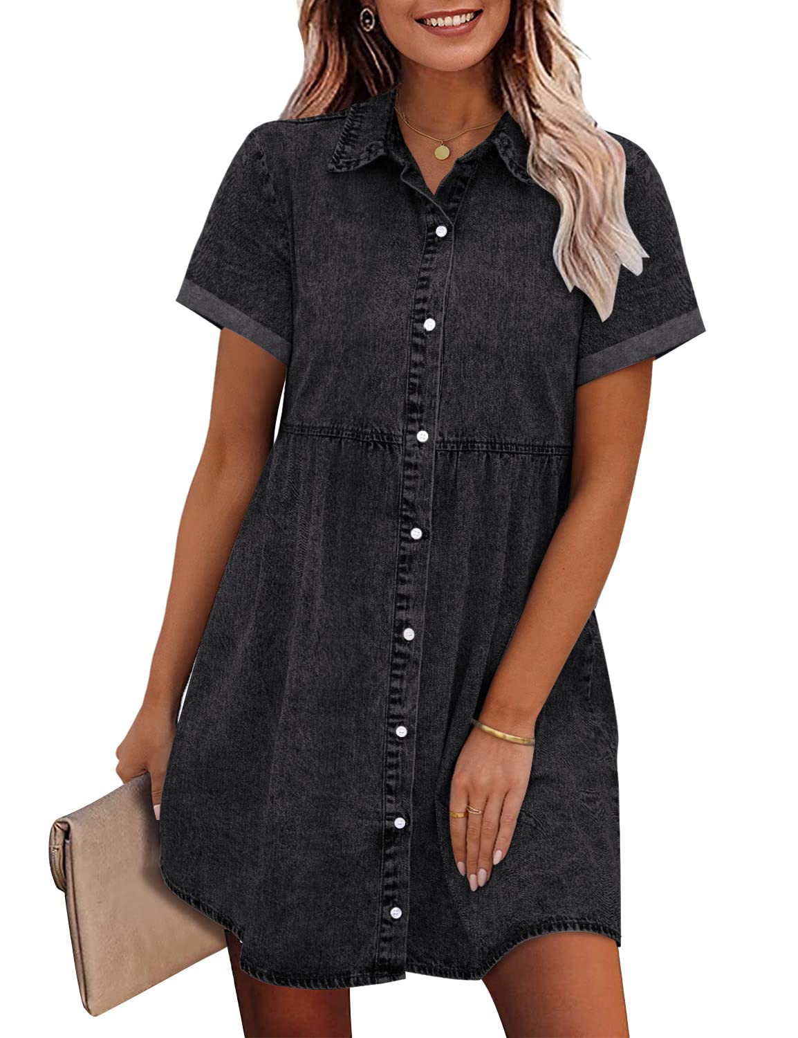 Black denim shirt dress with button front, short sleeves, tiered skirt