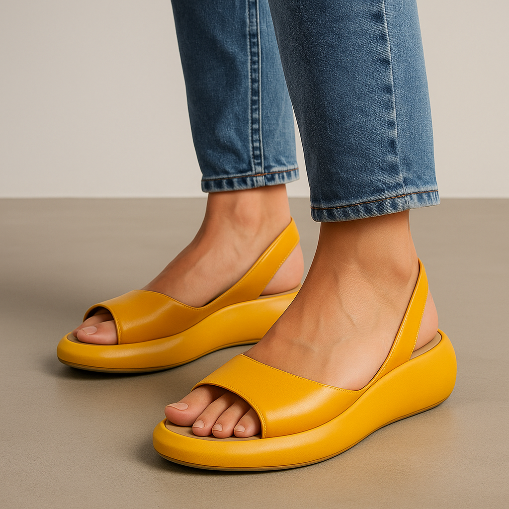 Bright yellow open-toe wedge sandals with wide front strap and cushioned sole