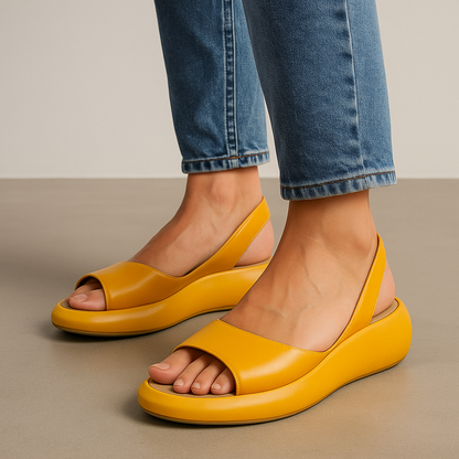 Bright yellow open-toe wedge sandals with wide front strap and cushioned sole