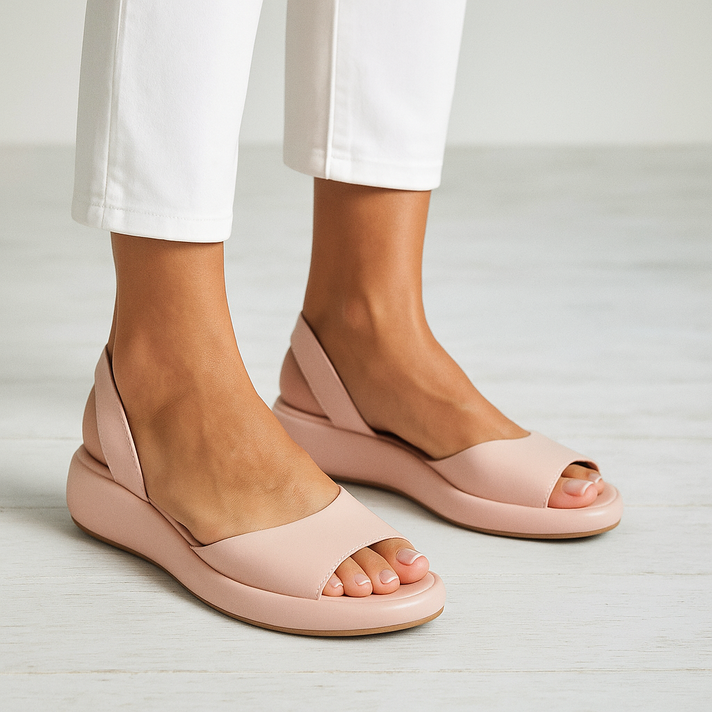 Blush pink open-toe wedge sandals with wide front strap and cushioned sole