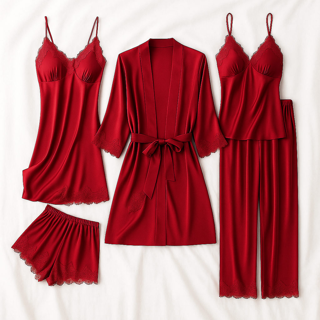 Women’s red nightwear set with lace-trim robe, lace camisole, and flared shorts