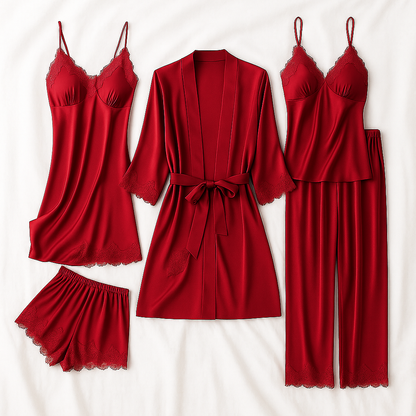 Women’s red nightwear set with lace-trim robe, lace camisole, and flared shorts