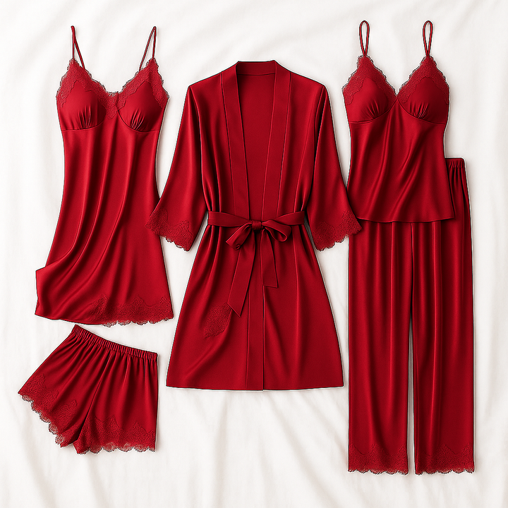 Red satin nightwear set with lace trim: robe, camisole, and shorts