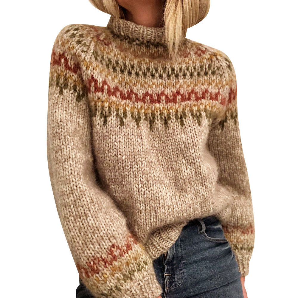 Patterned knit sweater with high neck, long sleeves, light beige and red-brown