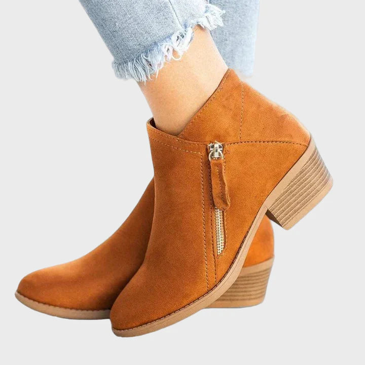Maya orthopedic boots, orange ankle boots with side zipper and block heel
