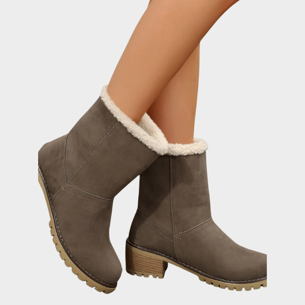 Gray-brown suede mid-heel winter boots with sherpa cuff and lug sole
