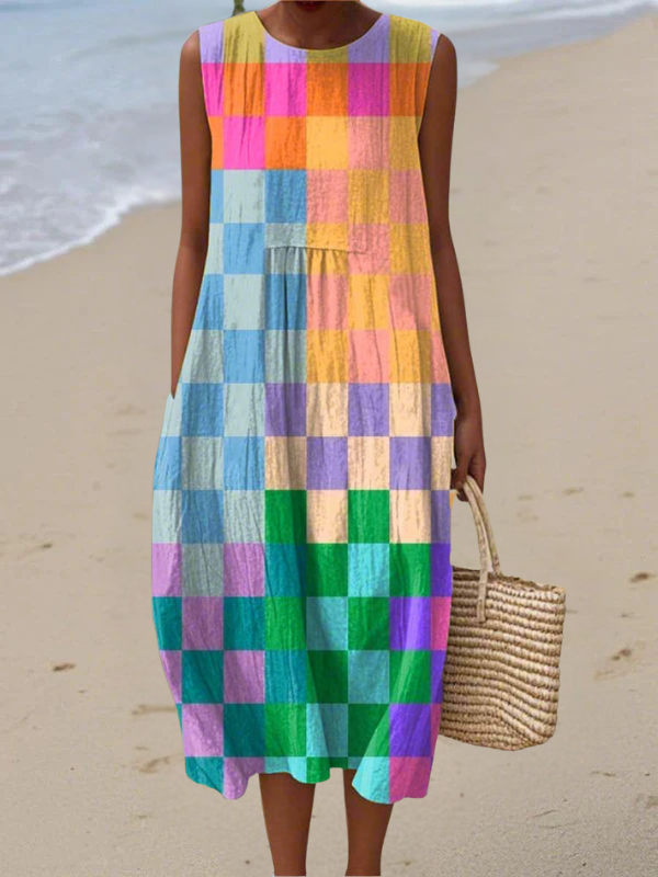Multicolor checkered sleeveless midi dress with round neckline