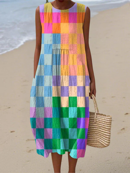 Multicolor checkered sleeveless midi dress with round neckline