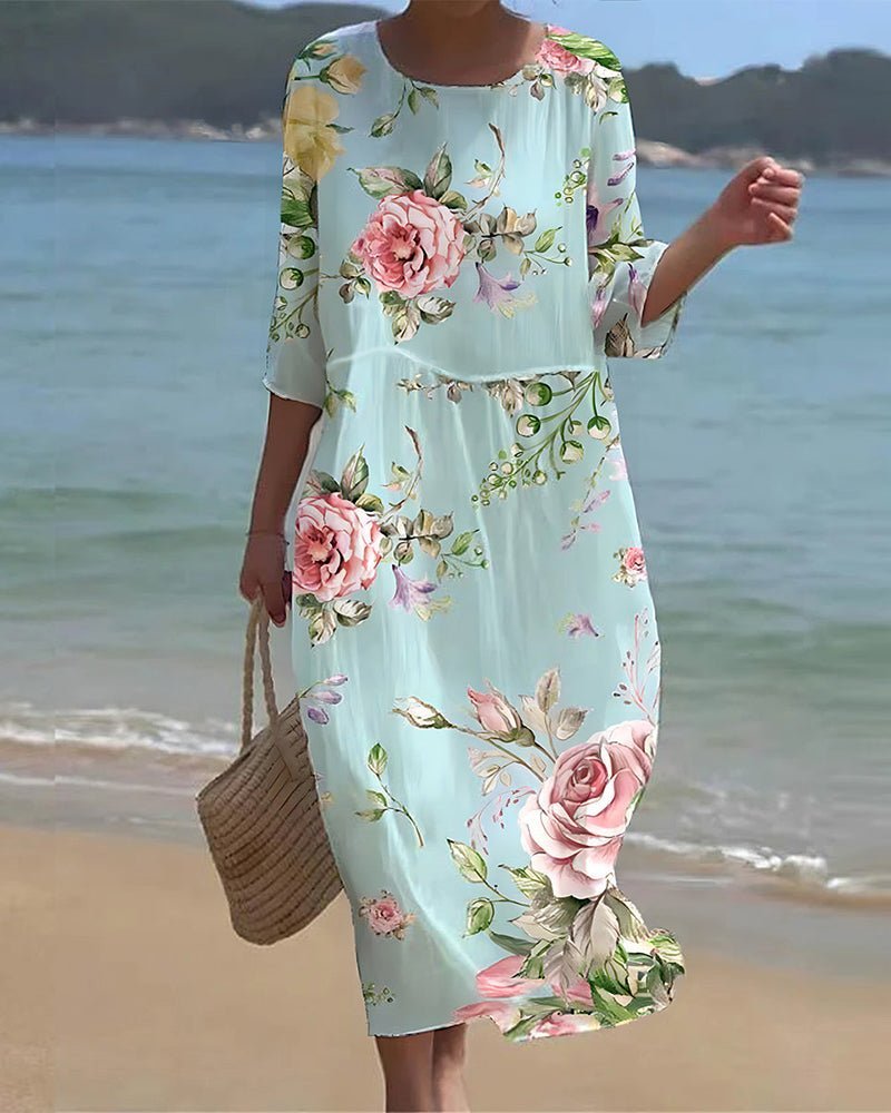 Mint floral midi dress with pink roses, three-quarter sleeves, gathered waist