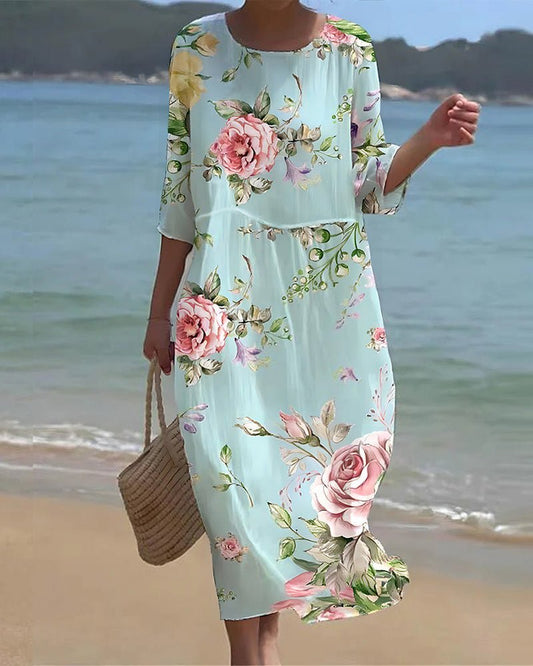 Mint floral midi dress with pink roses, three-quarter sleeves, gathered waist