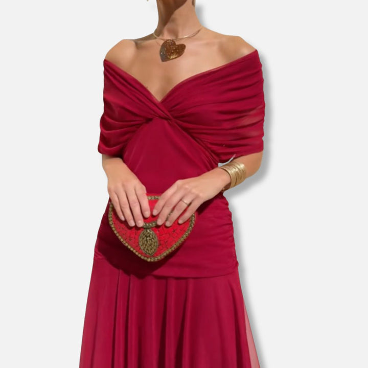 Elegant dress in red with off-shoulder V-neck twist and flowing tiered skirt