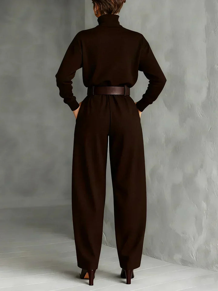 Brown fitted turtleneck top and straight-leg trousers set from back with wide belt