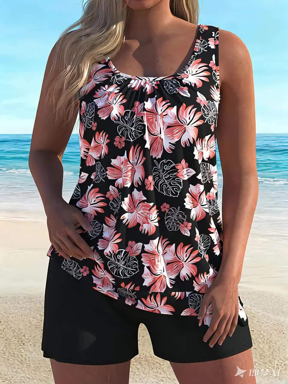 Black floral print tankini set with ruched scoop-neck sleeveless top and swim shorts.