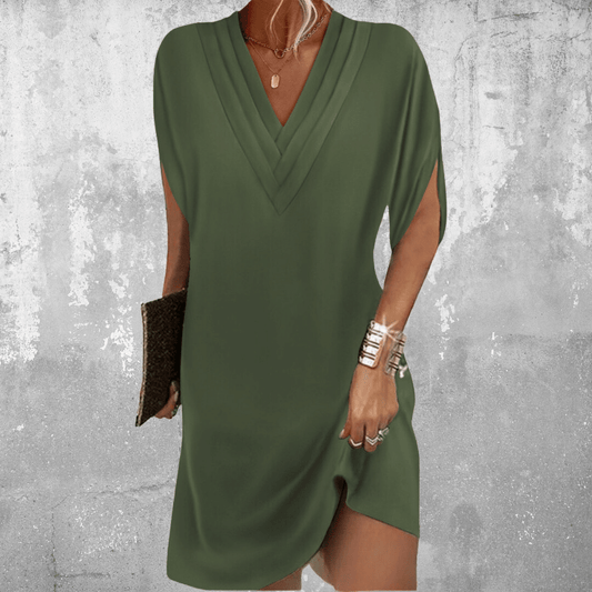Tummy covering dress in dark green, V-neck, draped short sleeves, side slit hem