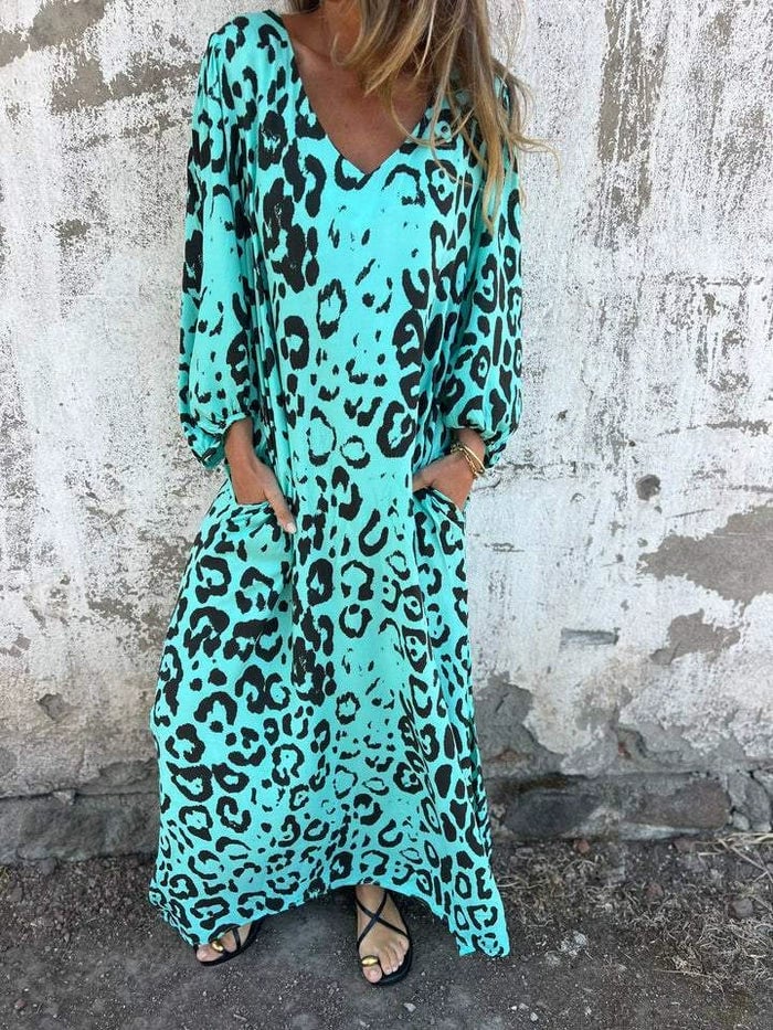 Turquoise leopard print long-sleeve maxi dress with V-neck and side pockets