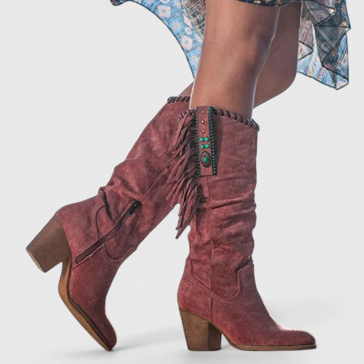 Red suede block heeled boots with side fringe and turquoise snap trim