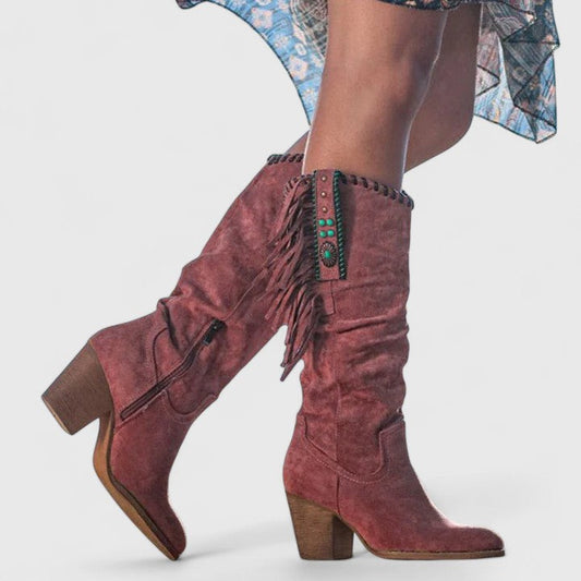 Red suede block heeled boots with side fringe and turquoise snap trim