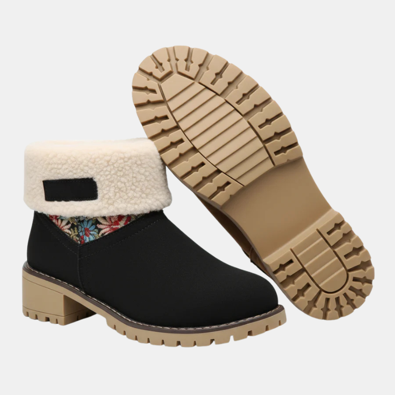 Block-heeled ankle boots in black with cream sherpa cuff and lug sole.