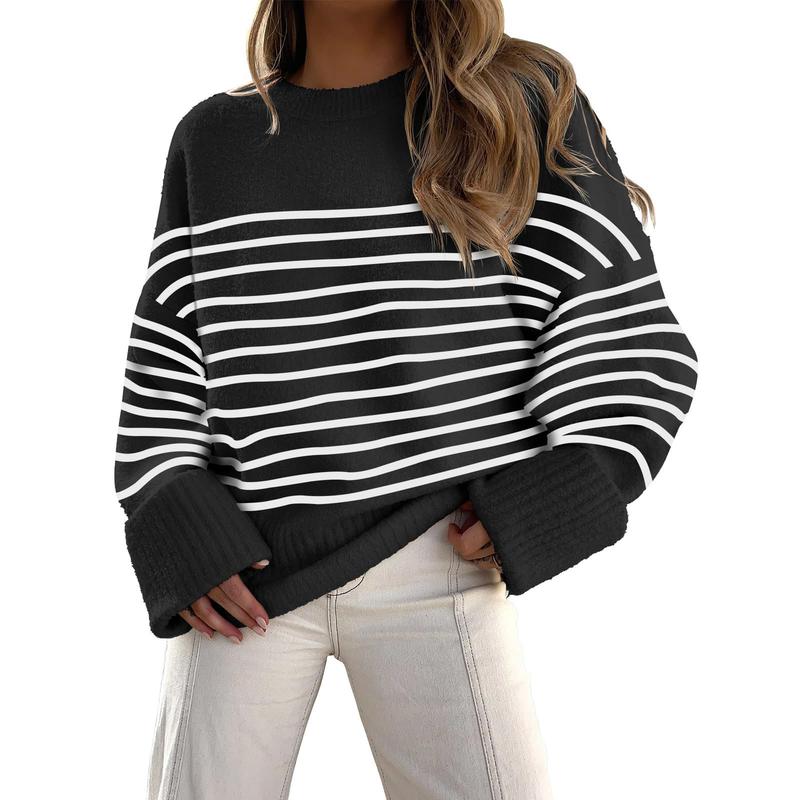 Long sleeve crewneck pullover sweater, black with white horizontal stripes