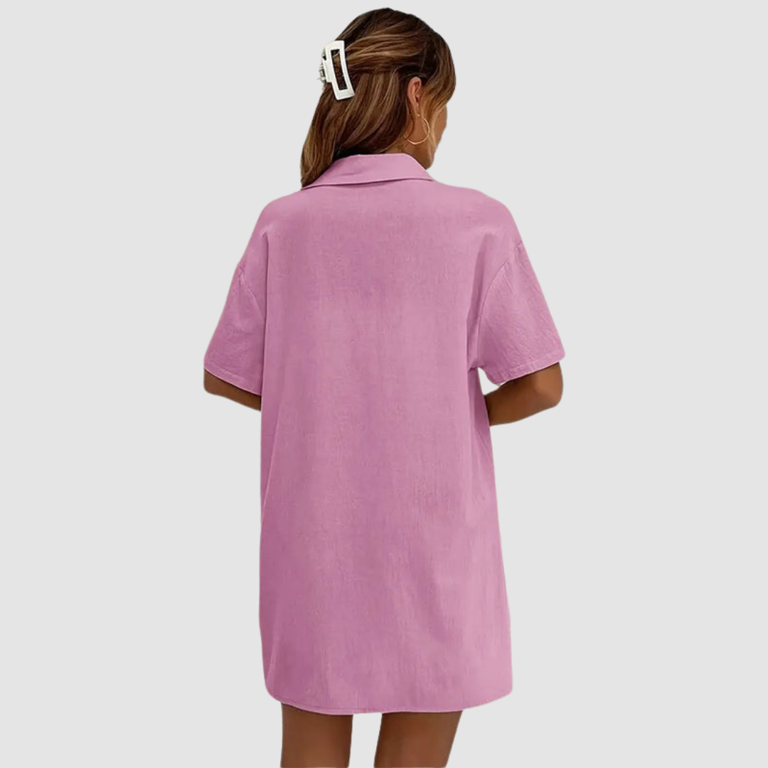 Back view pink short-sleeve button-up top and drawstring shorts set