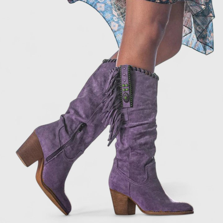 Purple suede block heeled boots with fringe lacing and turquoise ornament trim