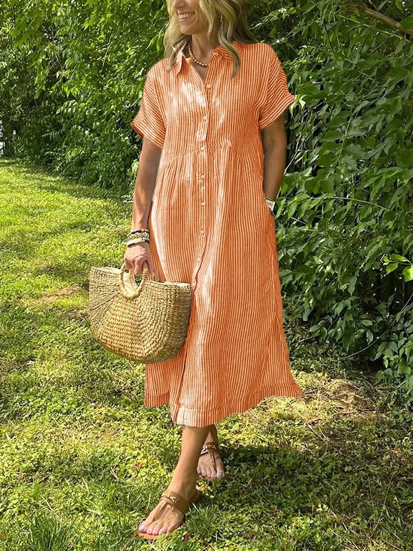 Orange striped button-up dress with short sleeves and gathered waist.