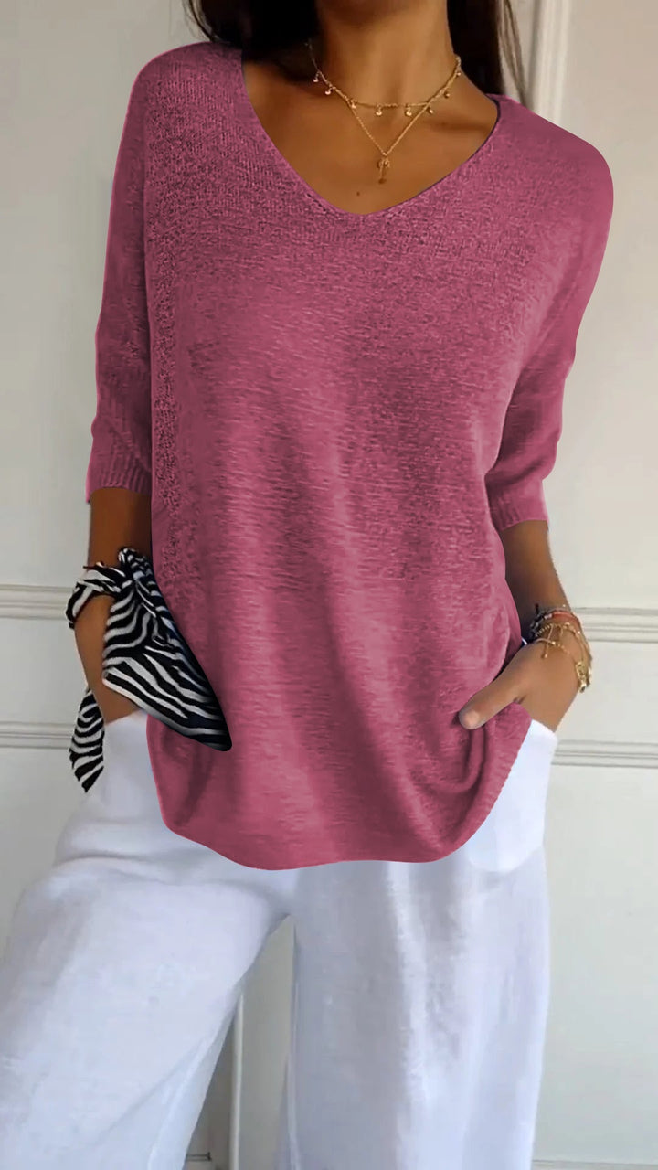 Women’s casual V-neck knit top in magenta, 3/4 sleeves with ribbed hem