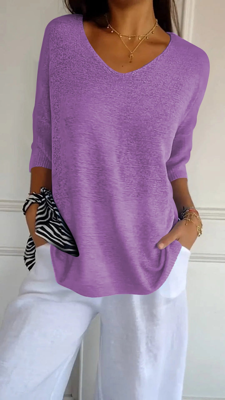 Women’s casual V-neck knit top in purple, 3/4 sleeves with relaxed fit