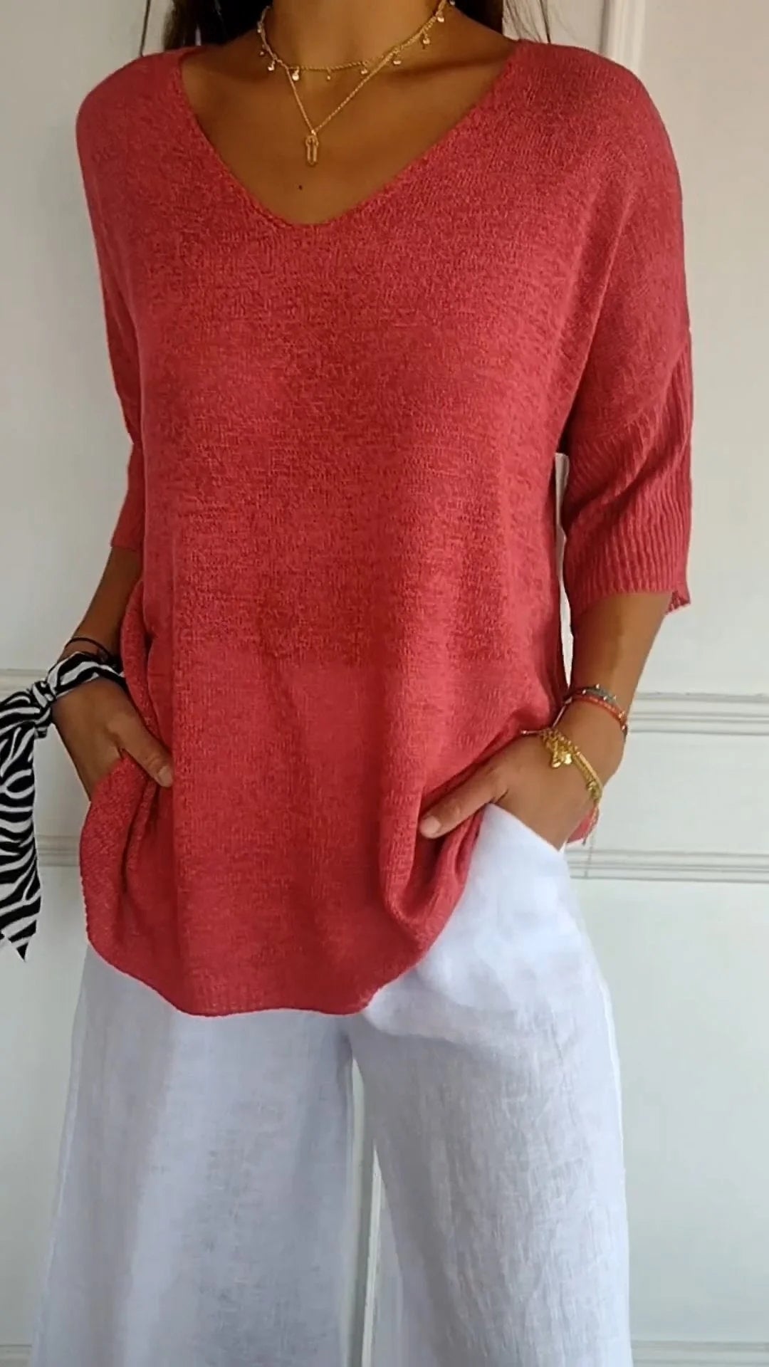 Women’s casual V-neck knit top in red, 3/4 sleeves and relaxed fit