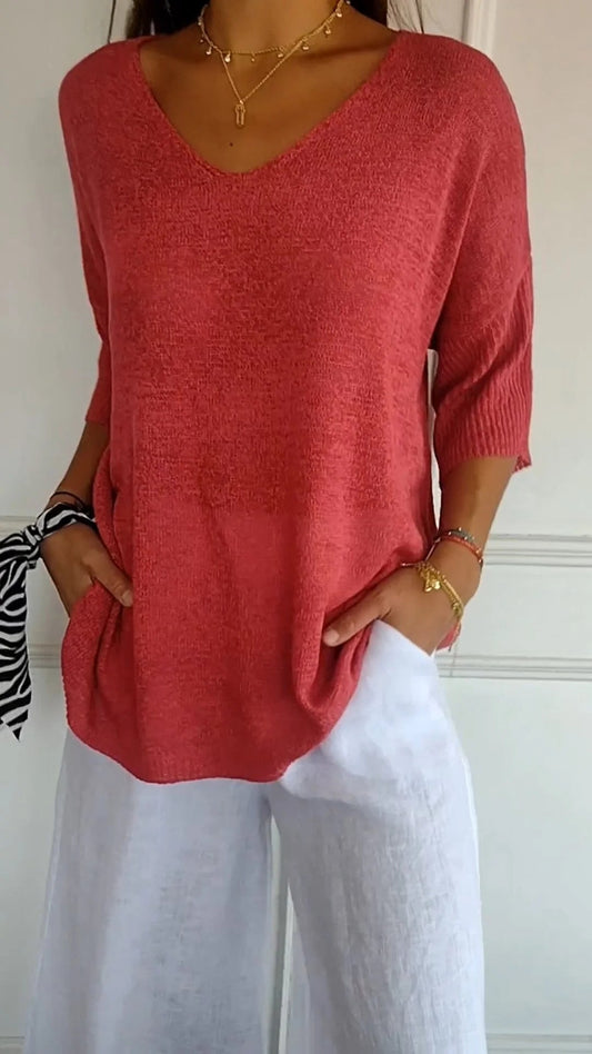 Women’s casual V-neck knit top in red, 3/4 sleeves and relaxed fit