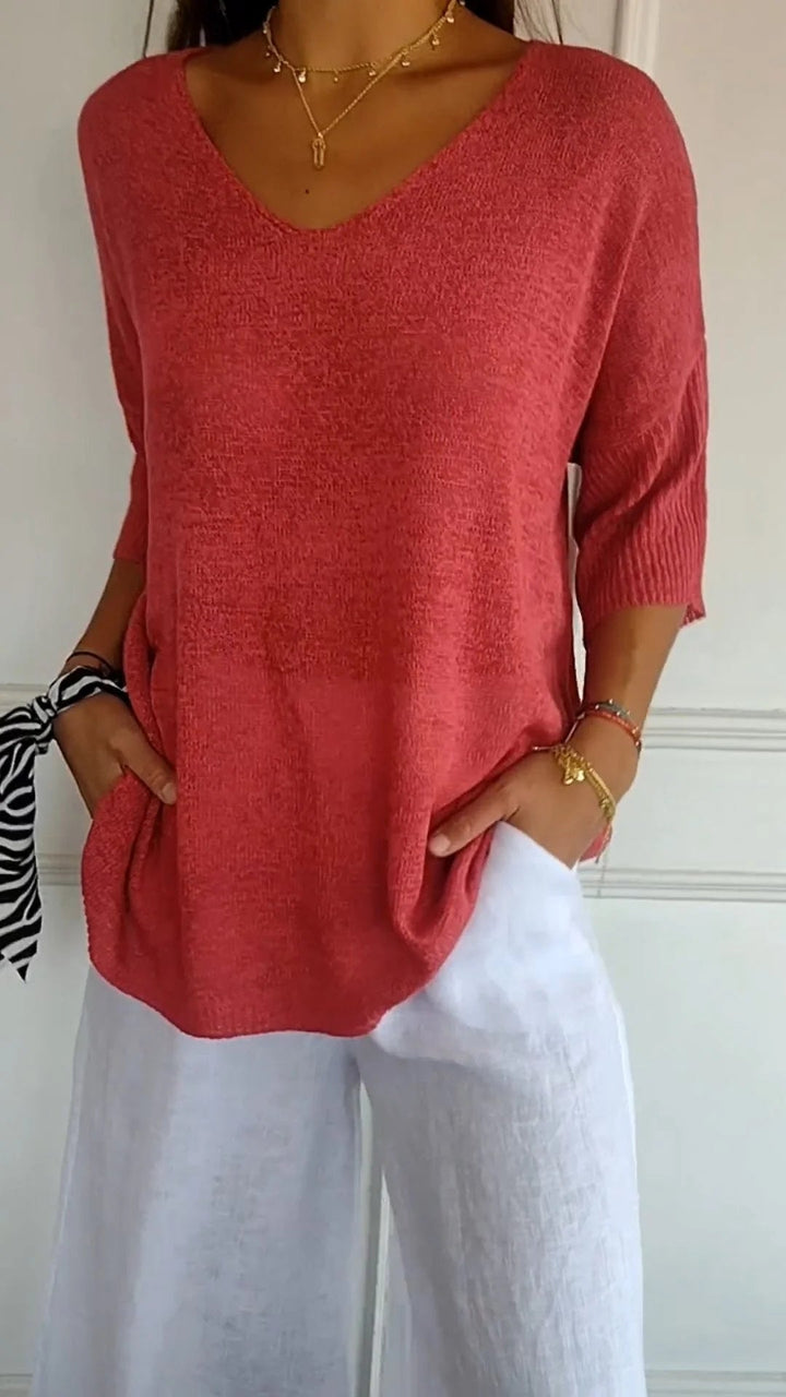 Women’s casual V-neck knit top in red, 3/4 sleeves and relaxed fit