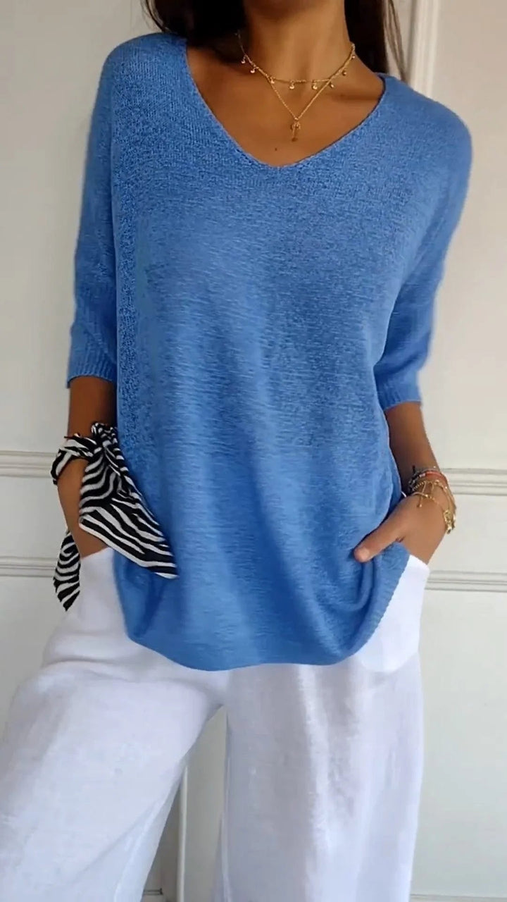 Women's blue v-neck casual knit top, 3/4 sleeves