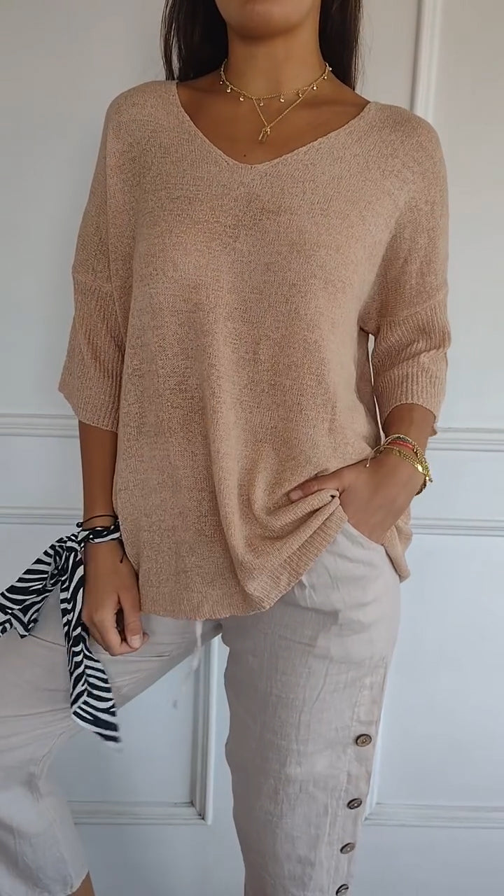 Women’s casual V-neck knit top in beige, 3/4 sleeves with relaxed drape