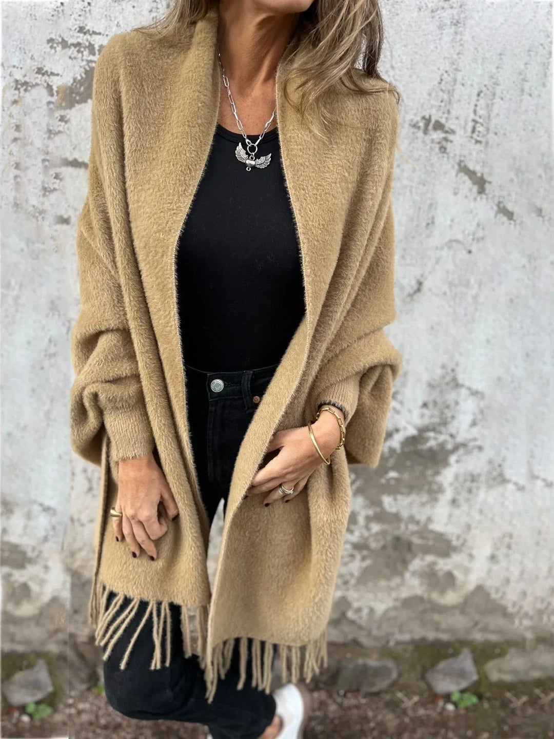 Camel long cardigan, open-front drape with shawl collar and fringed hem