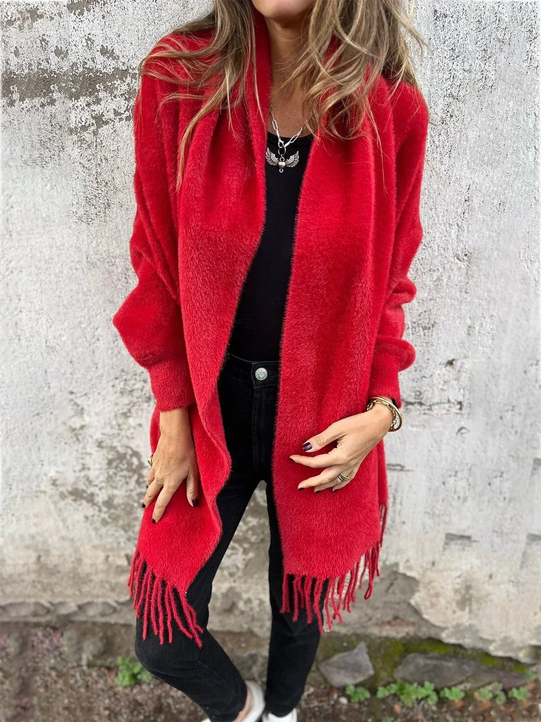 Red long cardigan, open-front drape with shawl collar and fringed hem
