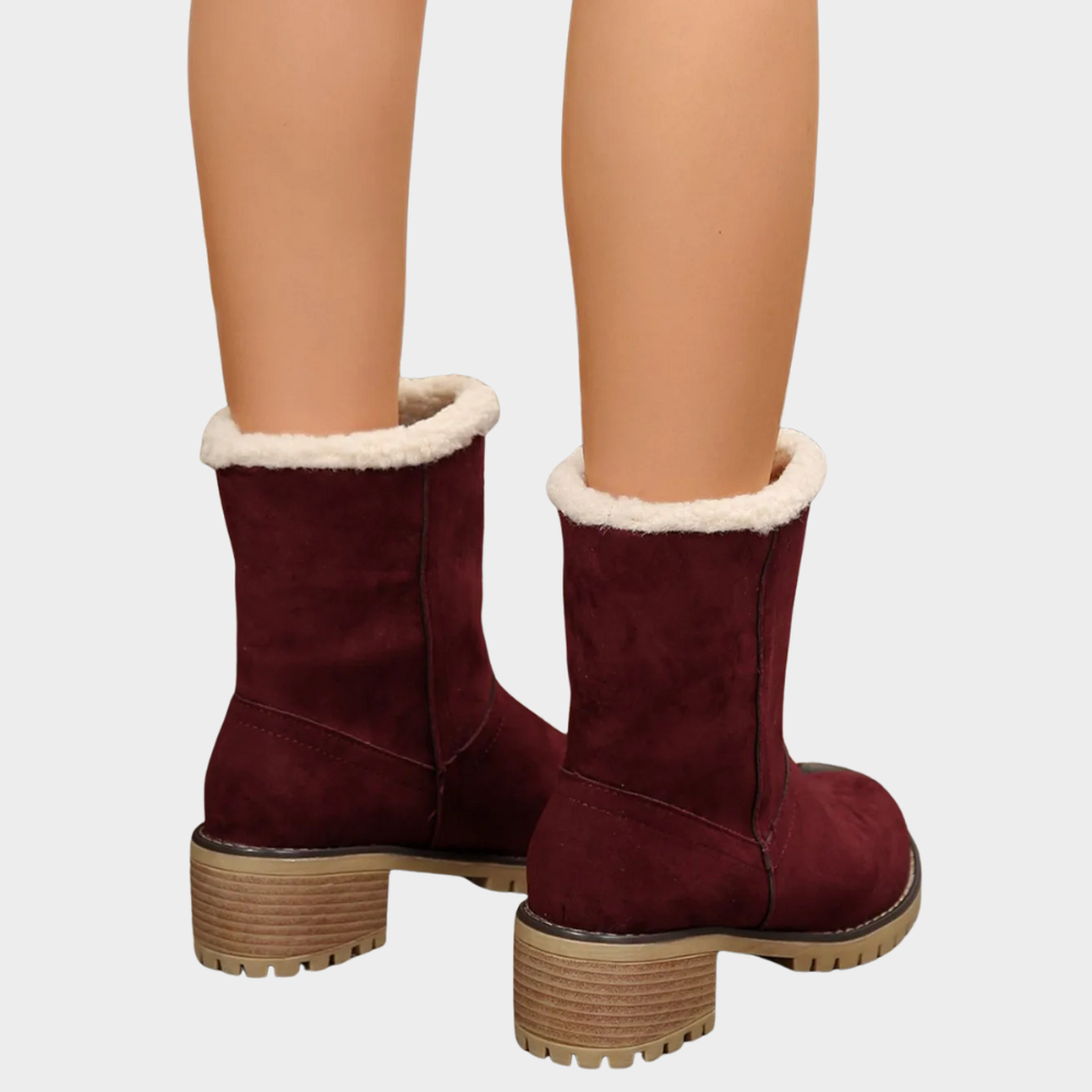 Burgundy suede pull-on winter boots with faux-sherpa collar and stacked block heel