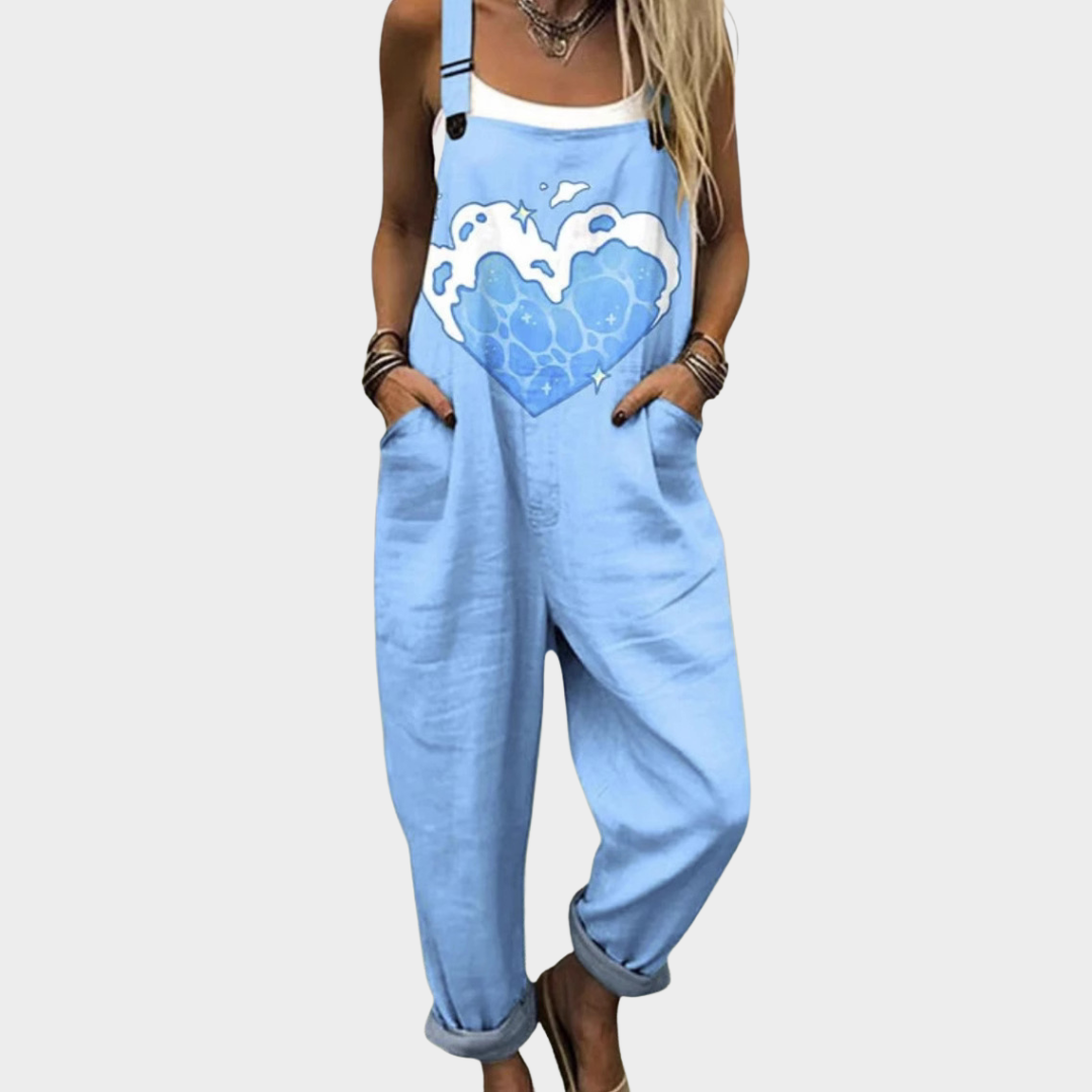 Light blue printed overalls with heart and cloud motif